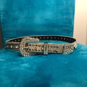 Rhinestone studded genuine leather belt